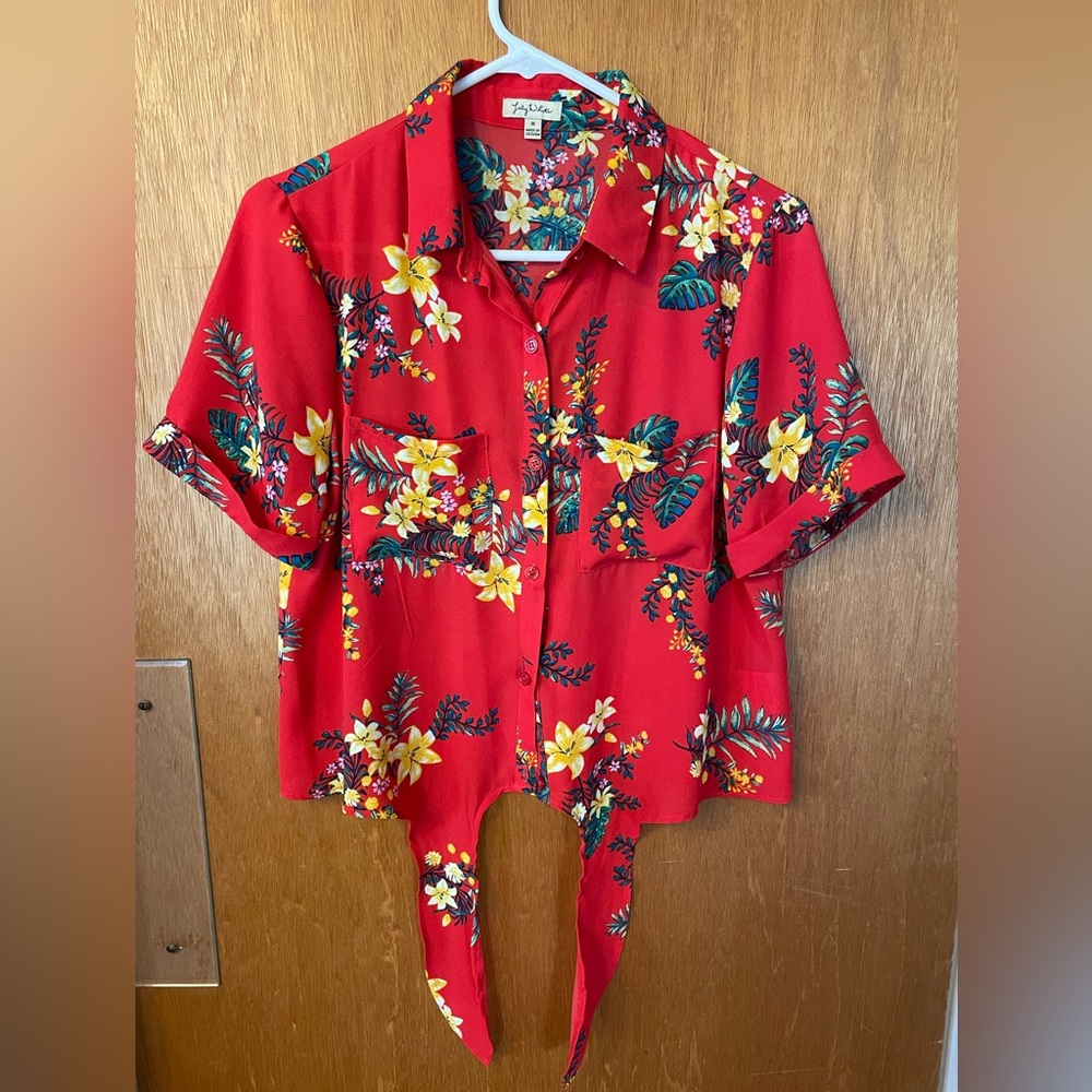 Aloha! Tropical print tie-front button down blouse - women’s sz med w/ 2 pockets